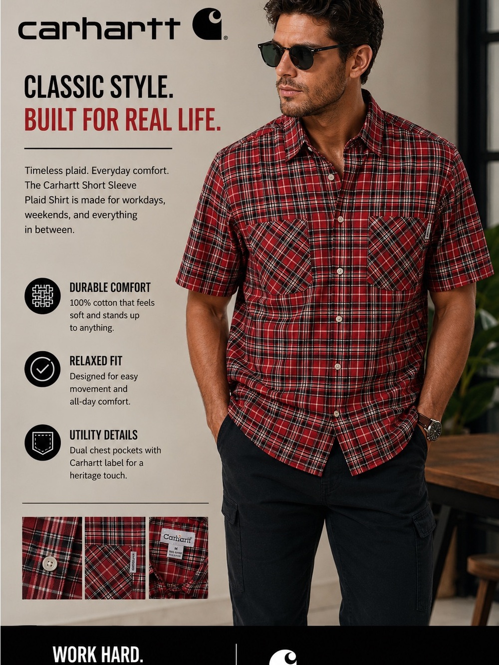 Carhartt Red and Black Plaid Short Sleeve Button-Down Shirt sz Med